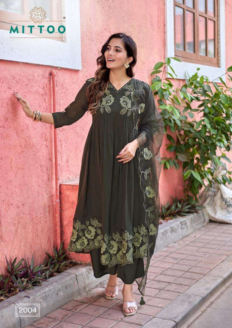 NOORANI SERIES 2001 TO 2004 BY MITTO DESIGNER THREAD AND HAND WORK MUL CHANDERI KURTI WITH PLAZZO AND DUPATTA ARE AVAILABLE AT WHOLESALE PRICE