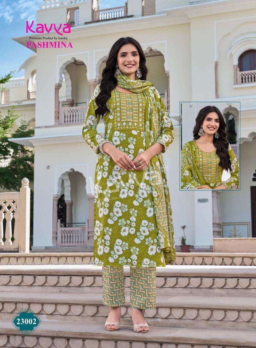 PASHMINA VOL-23 SERIES 23001 TO 23010 BY KAVYA DESIGNER PRINTED AND EMBROIDERY WORK COTTON KURTI WITH BOTTOM AND DUPATTA ARE AVAILABLE AT WHOLESALE PRICE