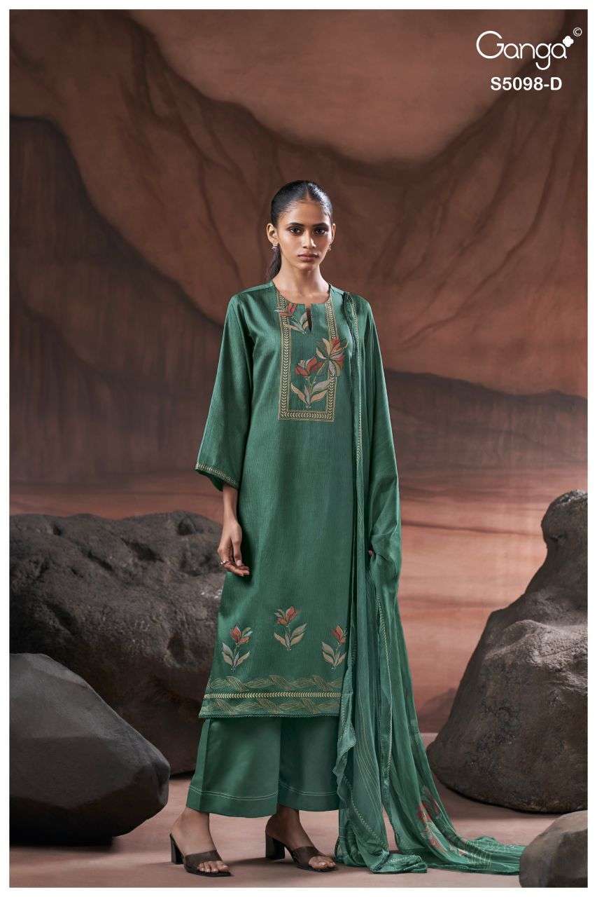 PRIMORSE SERIES 5098 BY GANGA DESIGNER PRINTED WITH HAND EMBROIDERY AND SCHIFFLI EMBROIDERY WORK COTTON SATIN SUITS ARE AVAILABLE AT WHOLESALE PRICE 