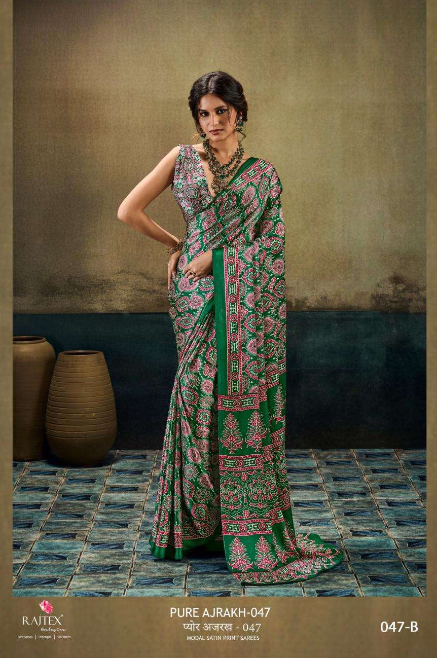 PURE AJRAKH VOL-47 SERIES 47A TO 47F SAREE BY RAJTEX DESIGNER AJRAKH PRINT MODAL SATIN SAREES ARE AVAILABLE AT WHOLESALE PRICE