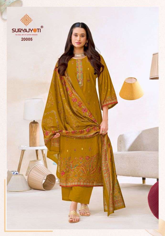 PUSHPA VOL-20 SERIES 20001 TO 20008 BY SURYAJYOTI DESIGNER PRINTED AND WORK MODAL SUITS ARE AVAILABLE AT WHOLESALE PRICE