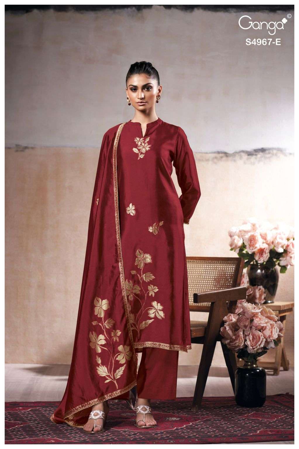 RAASHII SERIES 4967 BY GANGA DESIGNER HAND EMBROIDERY WORK VISCOSE WOVEN SILK SUITS ARE AVAILABLE AT WHOLESALE PRICE