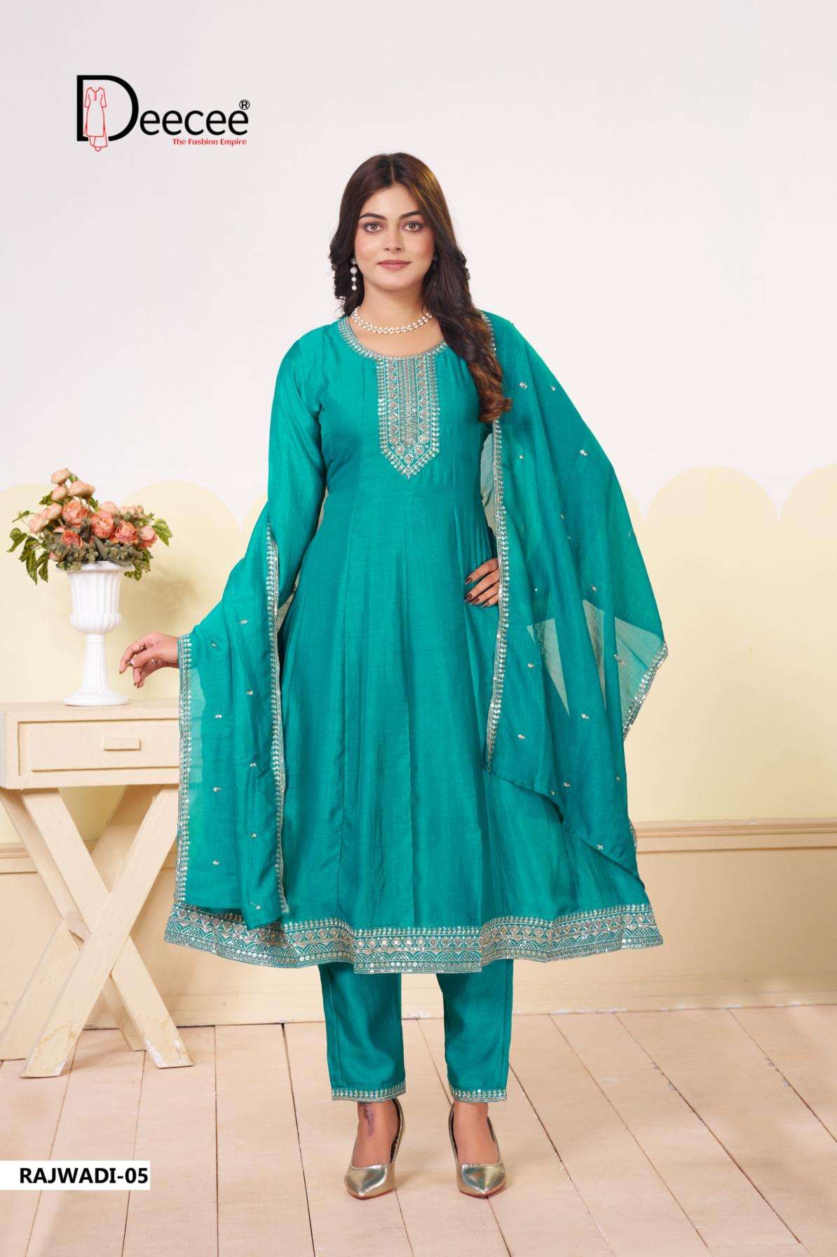 RAJWADI SERIES 101 TO 106 BY DEE CEE DESIGNER EMBROIDERY WORK VICHITRA SILK KALI STYLE KURTI WITH BOTTOM AND DUPATTA ARE AVAILABLE AT WHOLESALE PRICE