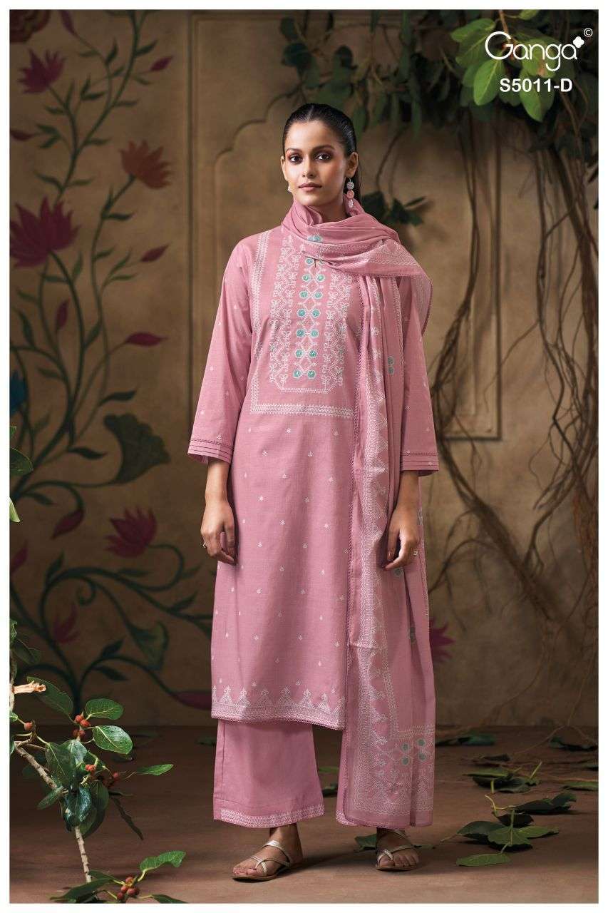 RAKUL SERIES 5011 BY GANGA DESIGNER PRINTED WITH HAND EMBROIDERY AND HAND WORK COTTON SUITS ARE AVAILABLE AT WHOLESALE PRICE