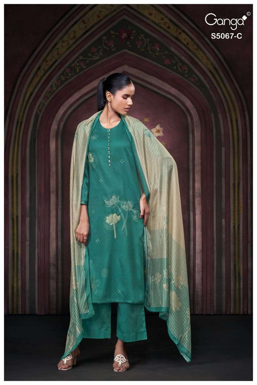 RIVIERA SERIES 5067 BY GANGA DESIGNER PRINTED WITH HAND EMBROIDERY AND HAND WORK COTTON SATIN SUITS ARE AVAILABLE AT WHOLESALE PRICE