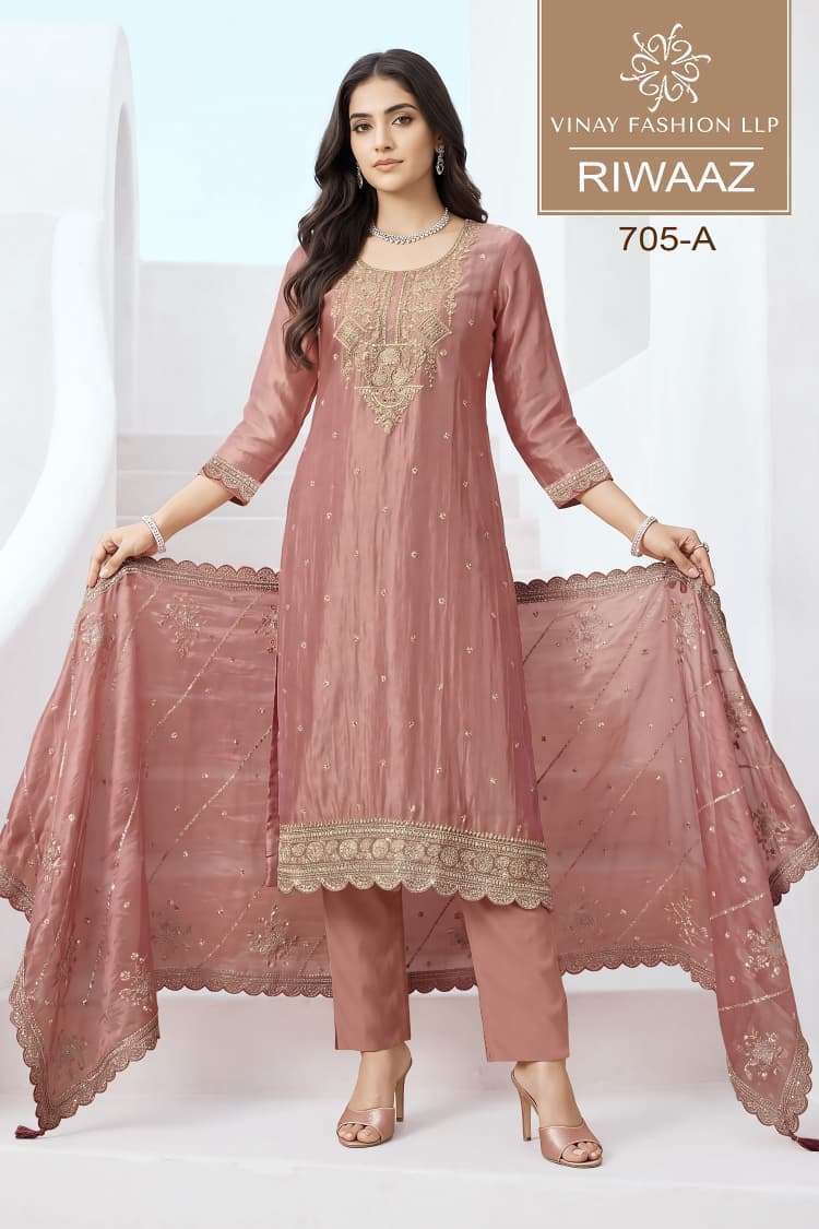 RIWAAZ SERIES 705 BY VINAY DESIGNER EMBROIDERY AND HAND WORK GOLD SILK SUITS ARE AVAILABLE AT WHOLESALE PRICE 
