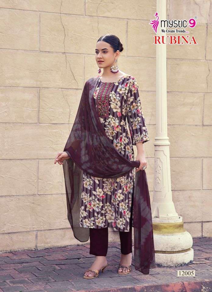RUBINA VOL-1 SERIES 1001 TO 1008 BY MYSTIC 9 DESIGNER PRINTED AND EMBROIDERY WORK RAYON KURTI WITH BOTTOM AND DUPATTA ARE AVAILABLE AT WHOLESALE PRICE