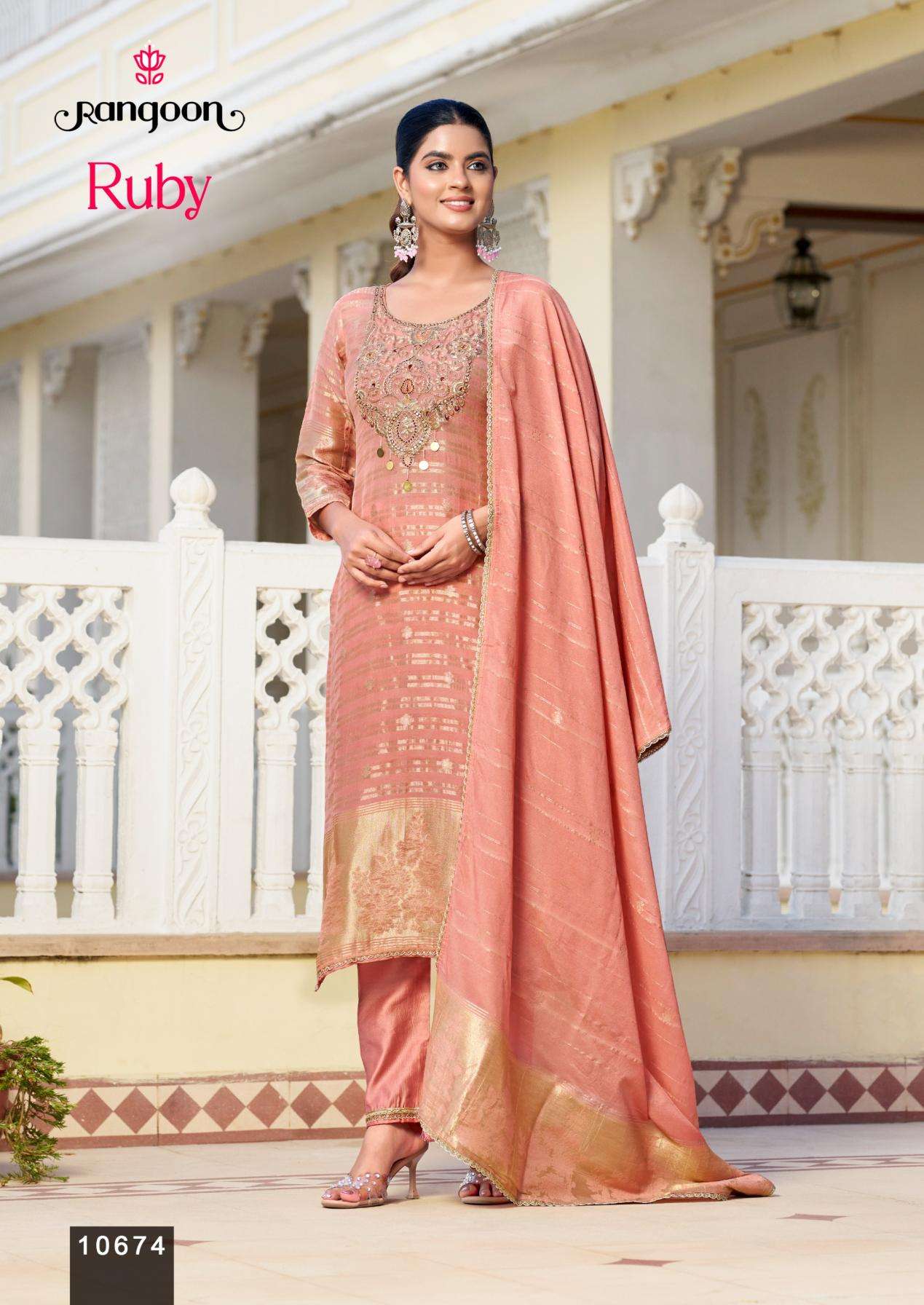 RUBY SERIES 10671 TO 10674 BY RANGOON DESIGNER KHATLI HAND WORK ORGANZA TOP WITH BOTTOM AND DUPATTA ARE AVAILABLE AT WHOLESALE PRICE