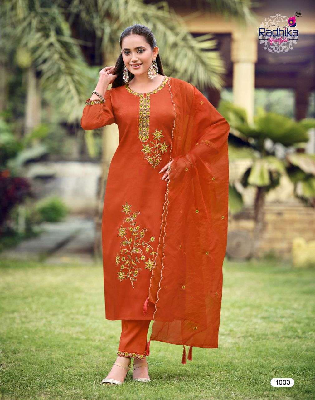 RUBY VOL-1 SERIES 1001 TO 1006 BY RADHIKA LIFESTYLE DESIGNER EMBROIDERY WORK GLASS ROMAN SILK TOP WITH BOTTOM AND DUPATTA ARE AVAILABLE AT WHOLESALE PRICE