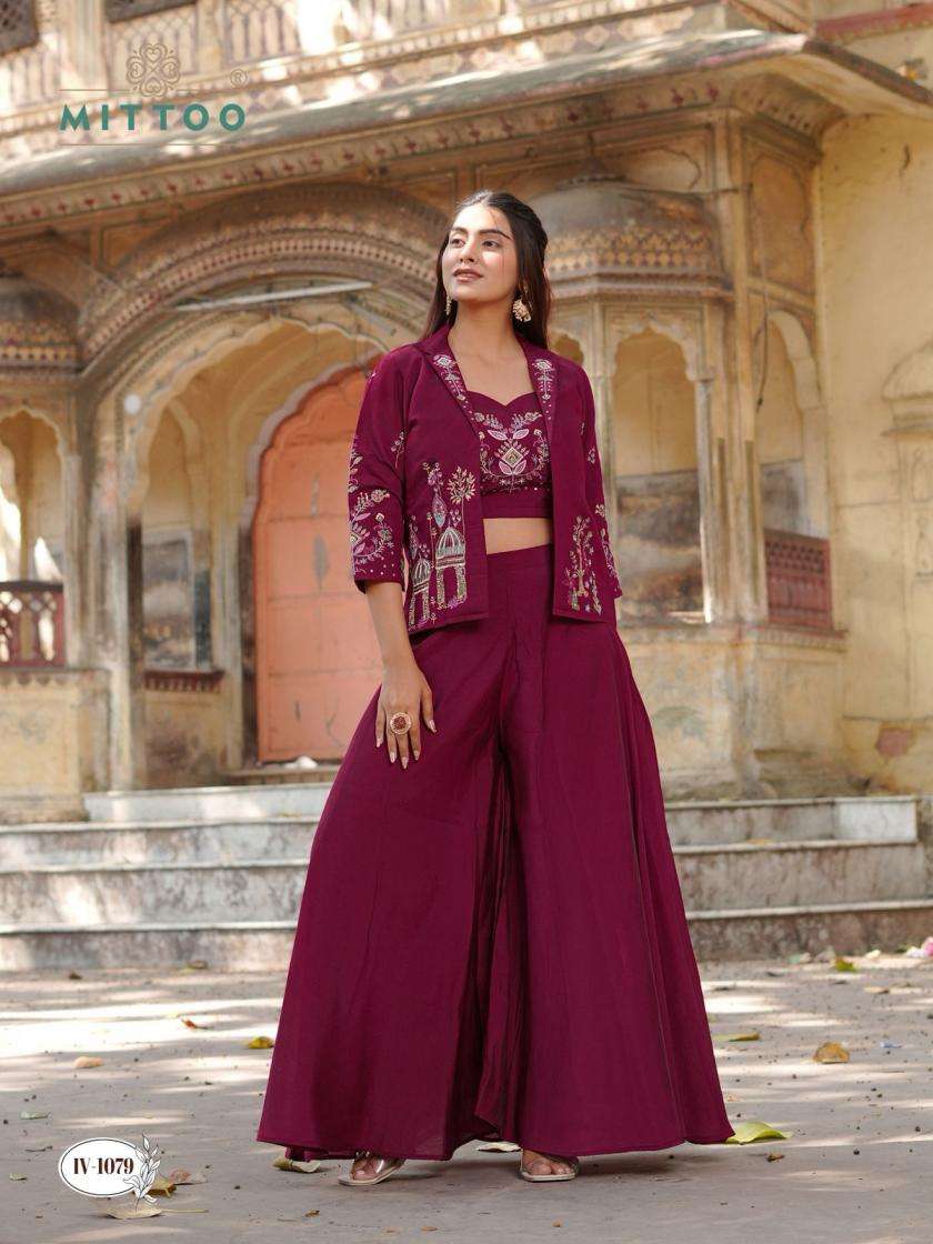 RUKSAT SERIES 1079 TO 1082 BY MITTO DESIGNER THREAD AN KHATLI WORK MUL CHANDERI TOP WITH KOTI AND PLAZZO SET ARE AVAILABLE AT WHOLESALE PRICE