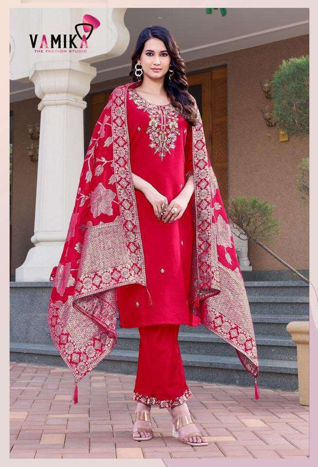 SAKSHI VOL-1 SERIES 1001 TO 1004 BY VAMIKA DESIGNER HAND WORK VISCOSE VATICAN TOP WITH BOTTOM AND DUPATTA ARE AVAILABLE AT WHOLESALE PRICE