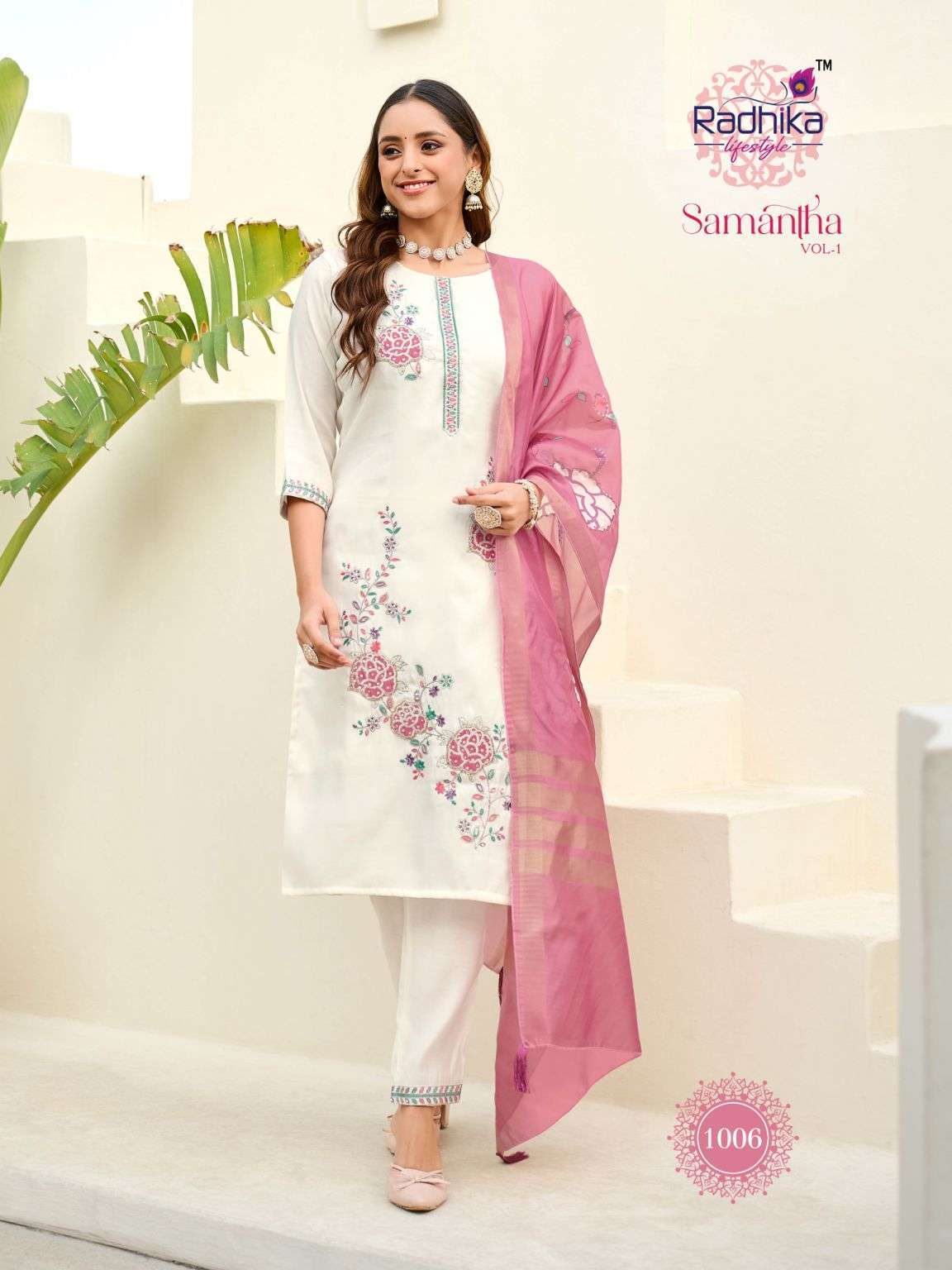 SAMANTHA VOL-1 SERIES 1001 TO 1006 BY RADHIKA LIFESTYLE DESIGNER WITH WORK ROMAN GLASS TOP WITH BOTTOM AND DUPATTA ARE AVAILABLE AT WHOLESALE PRICE 