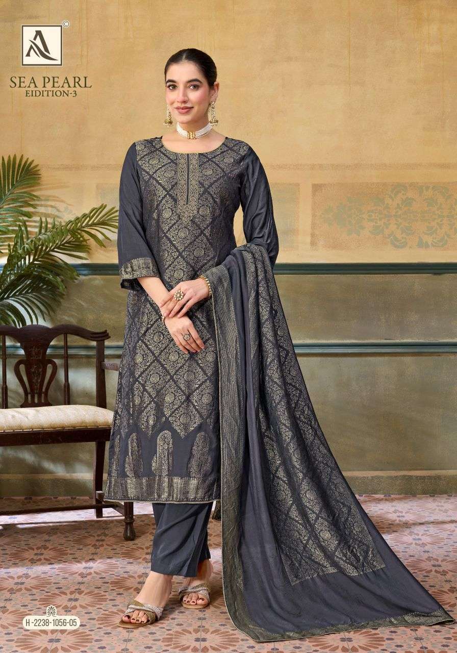 SEA PEARL EDITION-3 SERIES 2238 BY ALOK SUITS DESIGNER EMBROIDERY AND HAND WORK VISCOSE MUSLIN JACQUARD SUITS ARE AVAILABLE AT WHOLESALE PRICE