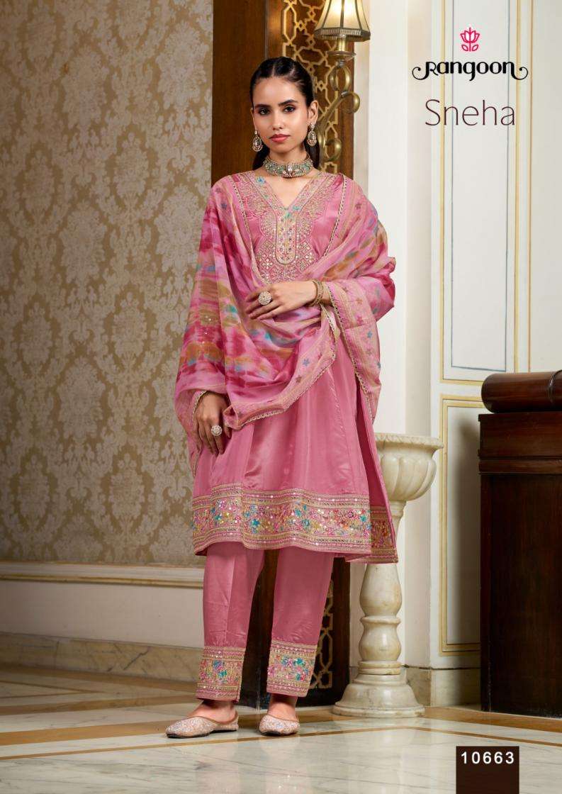 SNEHA SERIES 10661 TO 10664 BY RANGOON DESIGNER PRINTED WITH EMBROIDERY AND MIRROR WORK TOP WITH BOTTOM AND DUPATTA ARE AVAILABLE AT WHOLESALE PRICE
