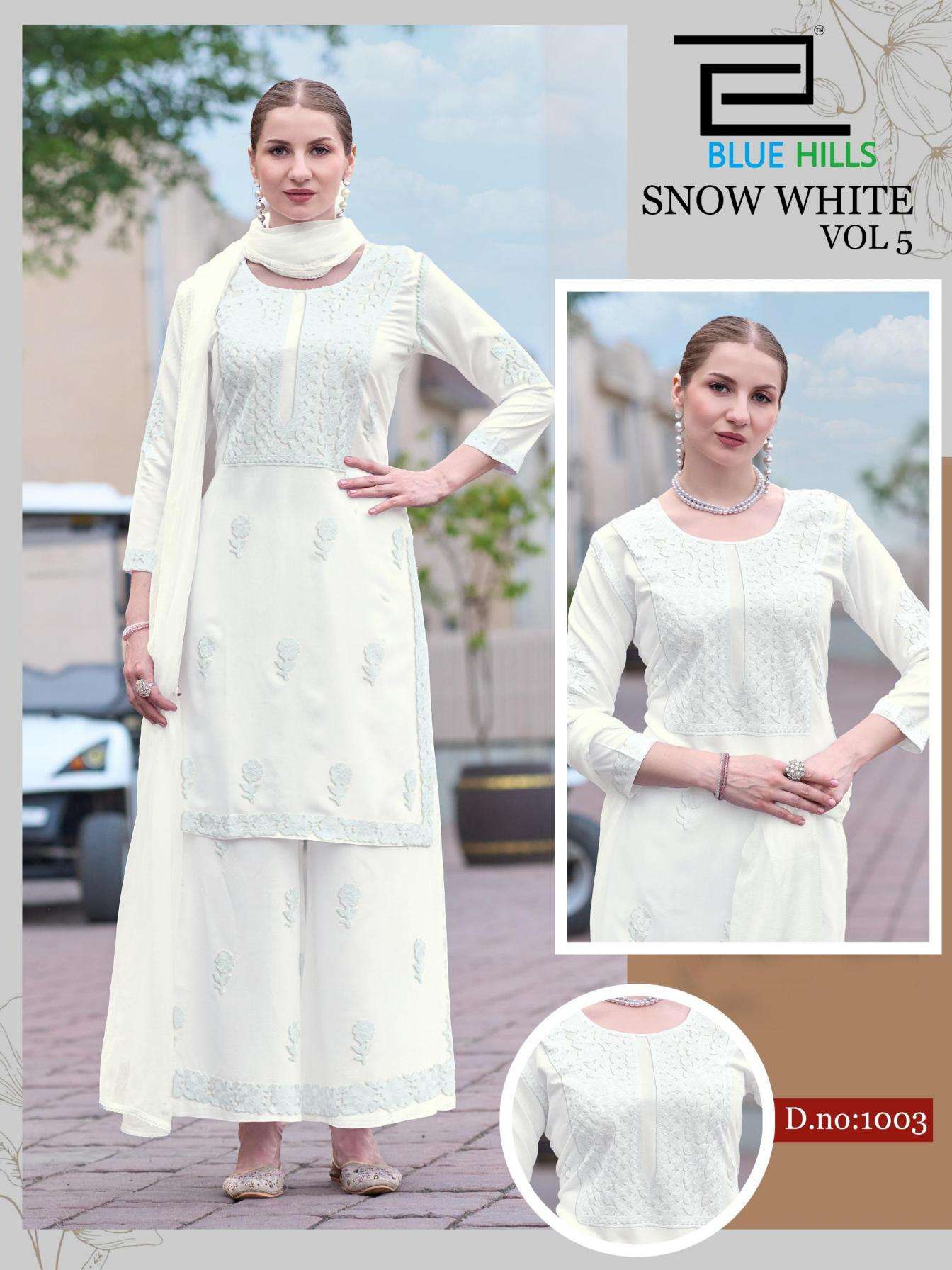 SNOW WHITE VOL-5 SERIES 1001 TO 1004 BY BLUE HILLS DESIGNER WORK RAYON KURTI WITH PLAZZO AND DUPATTA ARE AVAILABLE AT WHOLESALE PRICE