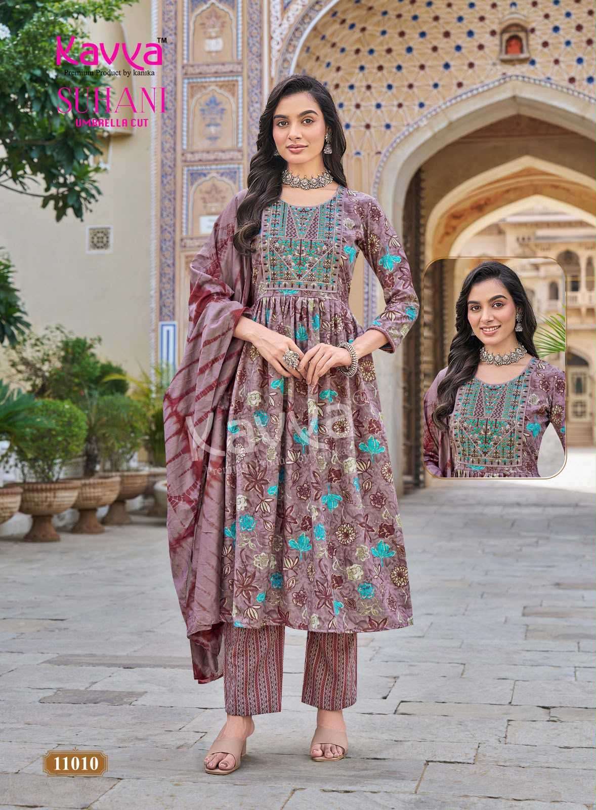 SUHANI VOL-11 SERIES 1101 TO 1110 BY KAVYA DESIGNER FOIL PRINTED AND EMBROIDERY WORK VISCOSE KURTI WITH BOTTOM AND DUPATTA ARE AVAILABLE AT WHOLESALE PRICE