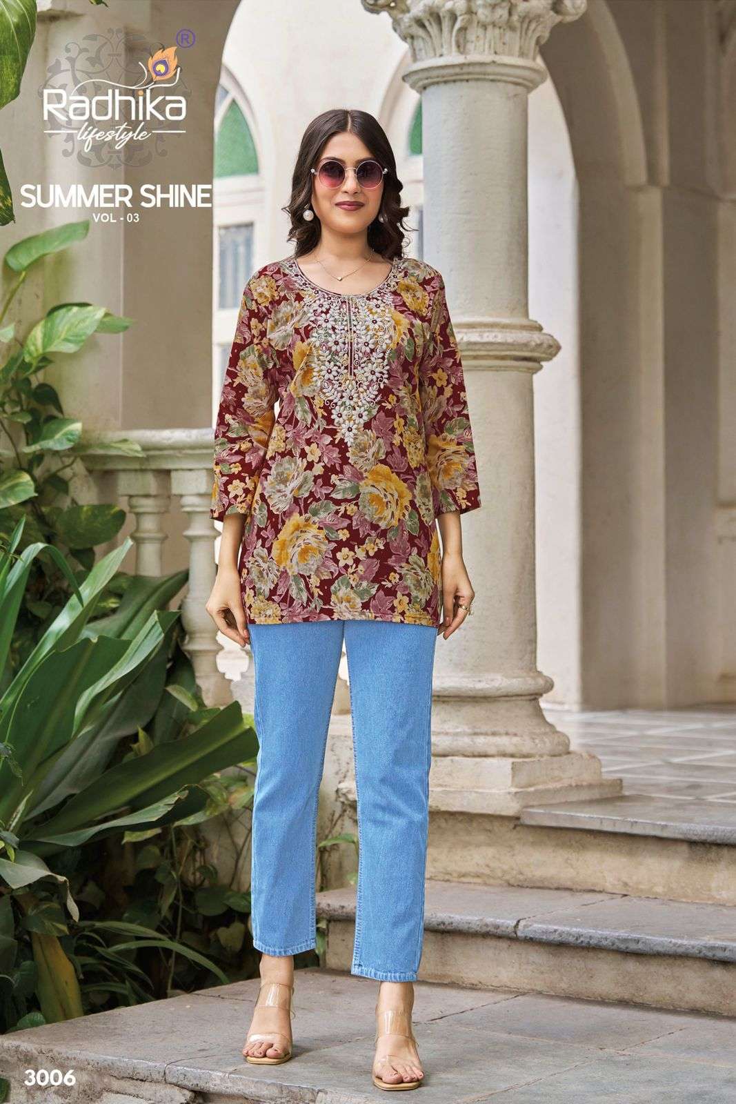 SUMMER SHINE VOL-3 SERIES 3001 TO 3008 BY RADHIKA LIFESTYLE DESIGNER LUCKNOWI EMBROIDERY WORK COTTON TOPS ARE AVAILABLE AT WHOLESALE PRICE