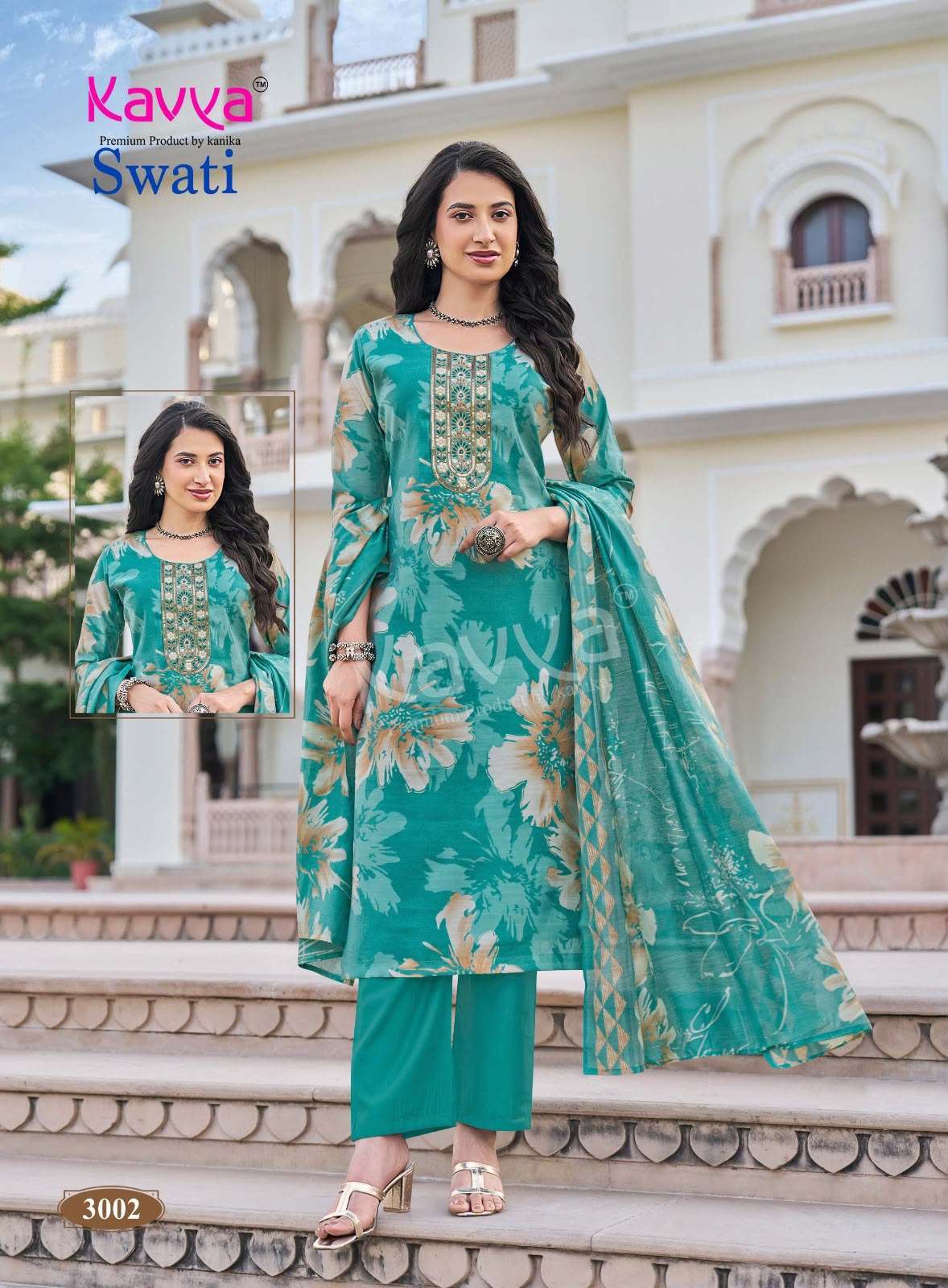 SWATI VOL-3 SERIES 3001 TO 3010 BY KAVYA DESIGNER DISCHARGE PRINT EMBROIDERY WORK CHANDERI SILK TOP WITH BOTTOM AND DUPATTA ARE AVAILABLE AT WHOLESALE PRICE