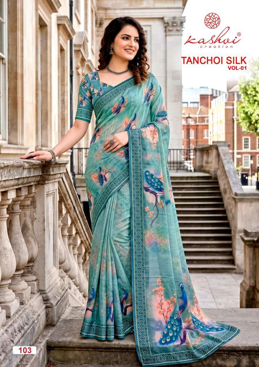 TANCHOI SILK VOL-1 SERIES 101 TO 108 SAREE BY KASHVI DESIGNER DULL MOSS SAREE ARE AVAILABLE AT WHOLESALE PRICE
