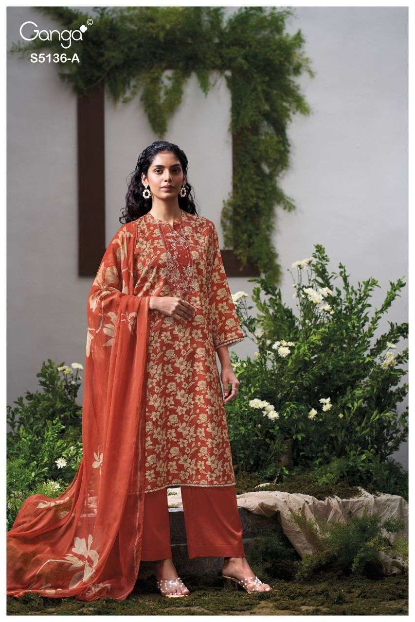 TILOTAMA SERIES 5136 BY GANGA DESIGNER PRINTED AND EMBROIDERY WORK COTTON SATIN SUITS ARE AVAILABLE AT WHOLESALE PRICE