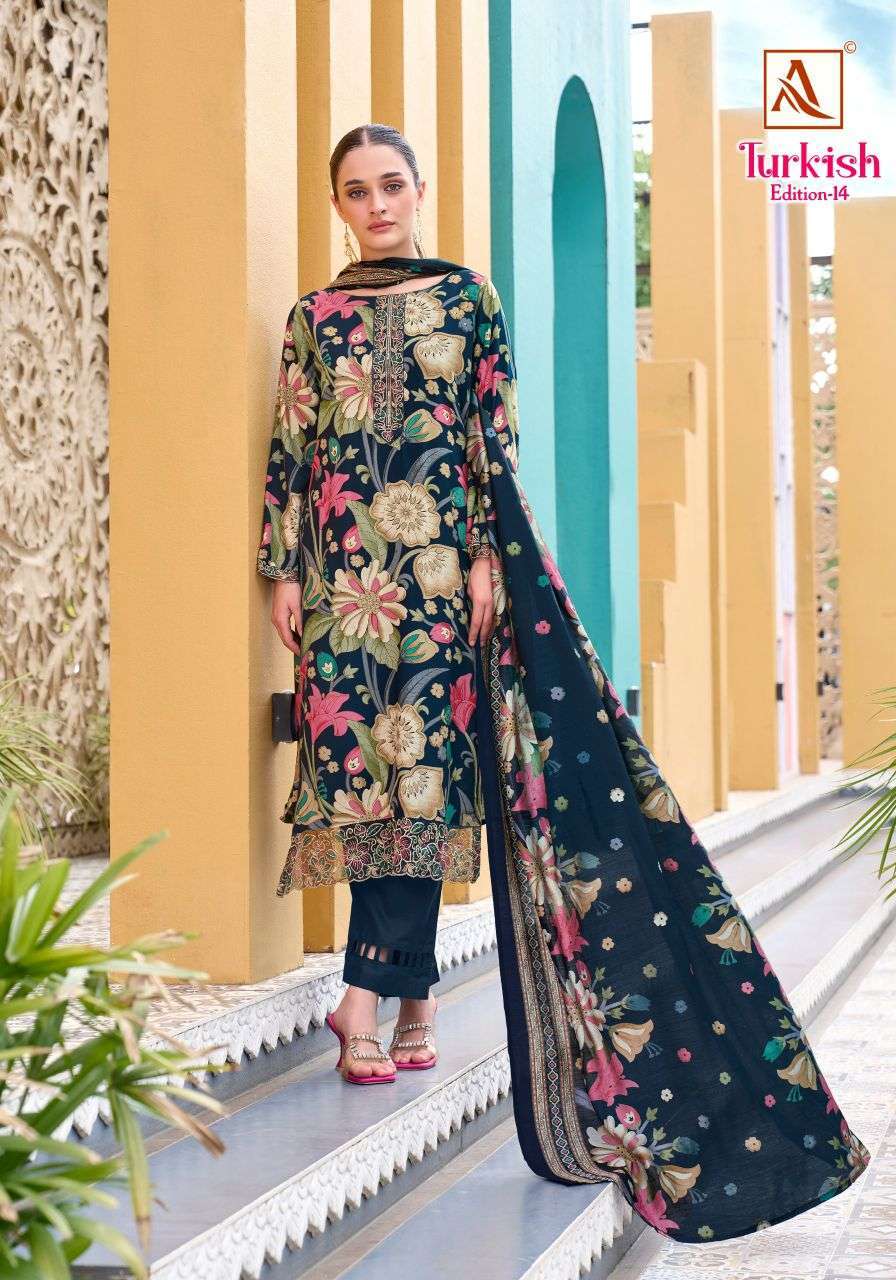 TURKISH EDITION-14 SERIES 3053 BY ALOK SUITS DESIGNER FOIL PRINT AND EMBROIDERY WORK VISCOSE RAYON SUITS ARE AVAILABLE AT WHOLESALE PRICE