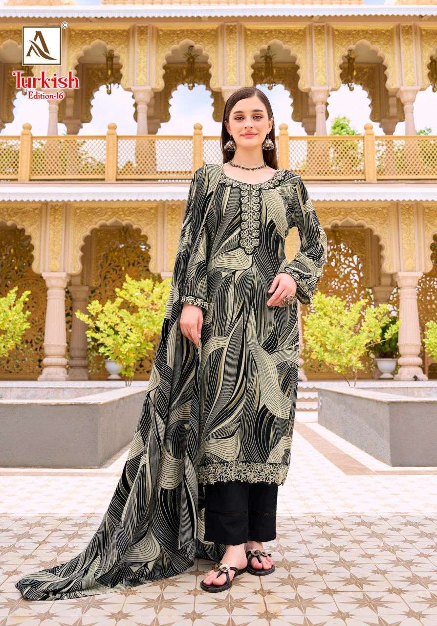 TURKISH EDITION-16 SERIES 3056 BY ALOK SUITS DESIGNER FOIL PRINT AND EMBROIDERY WORK VISCOSE RAYON SUITS ARE AVAILABLE AT WHOLESALE PRICE