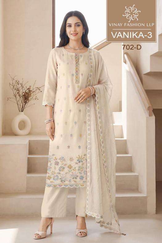 VANIKA VOL-3 SERIES 702 BY VINAY DESIGNER BEADS AND THREAD EMBROIDERY WORK MUL CHANDERI SUITS ARE AVAILABLE AT WHOLESALE PRICE 