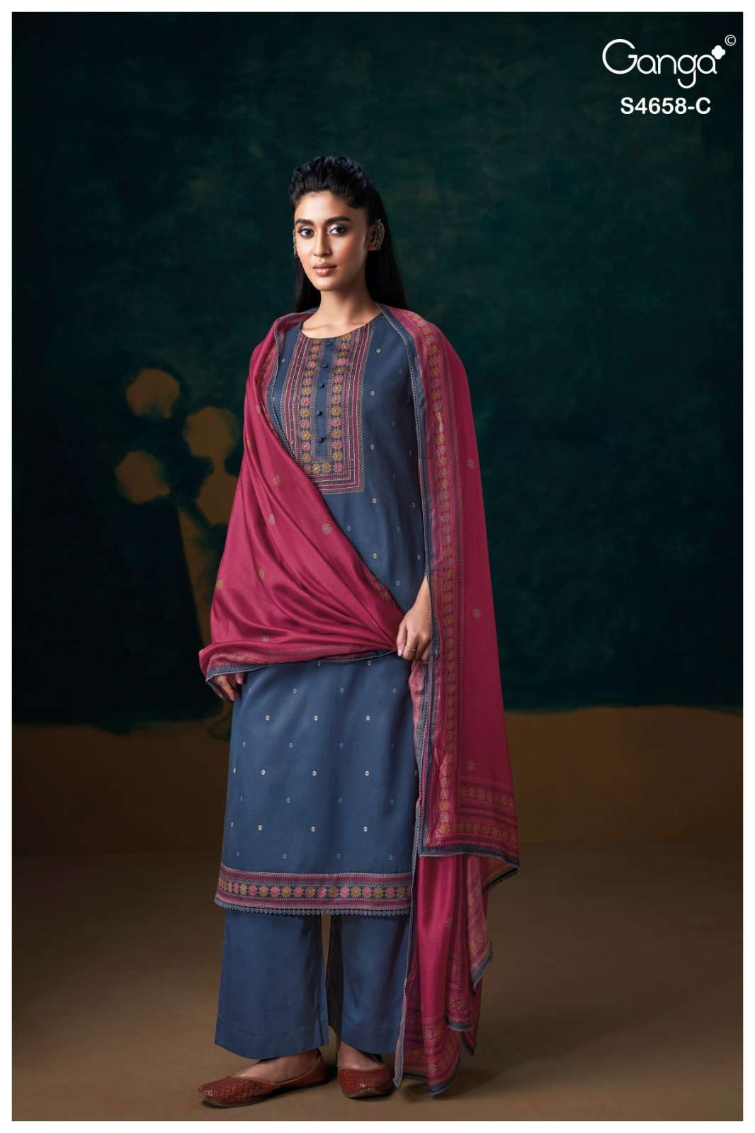 VENISHA SERIES 4658 BY GANGA DESIGNER PRINTED WITH HAND EMBROIDERY AND EMBROIDERY WORK COTTON SATIN SUITS ARE AVAILABLE AT WHOLESALE PRICE