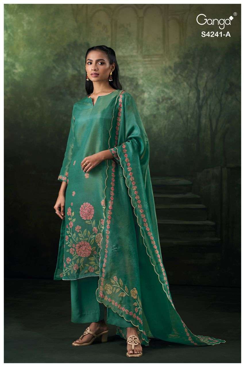 VIONARA SERIES 4241 BY GANGA DESIGNER HAND EMBROIDERY AND EMBROIDERY WORK BEMBERG SILK JACQUARD SUITS ARE AVAILABLE AT WHOLESALE PRICE