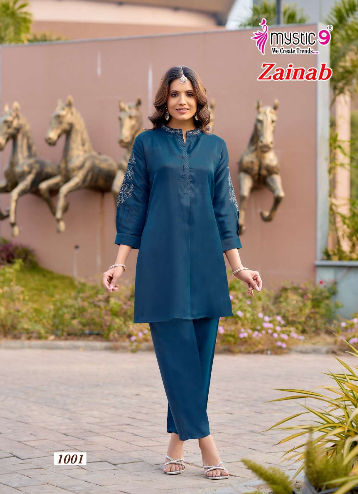 ZAINAB VOL-1 SERIES 1001 TO 1008 BY MYSTIC 9 DESIGNER EMBROIDERY WORK VISCOSE SATIN CO ORD SETS ARE AVAILABLE AT WHOLESALE PRICE