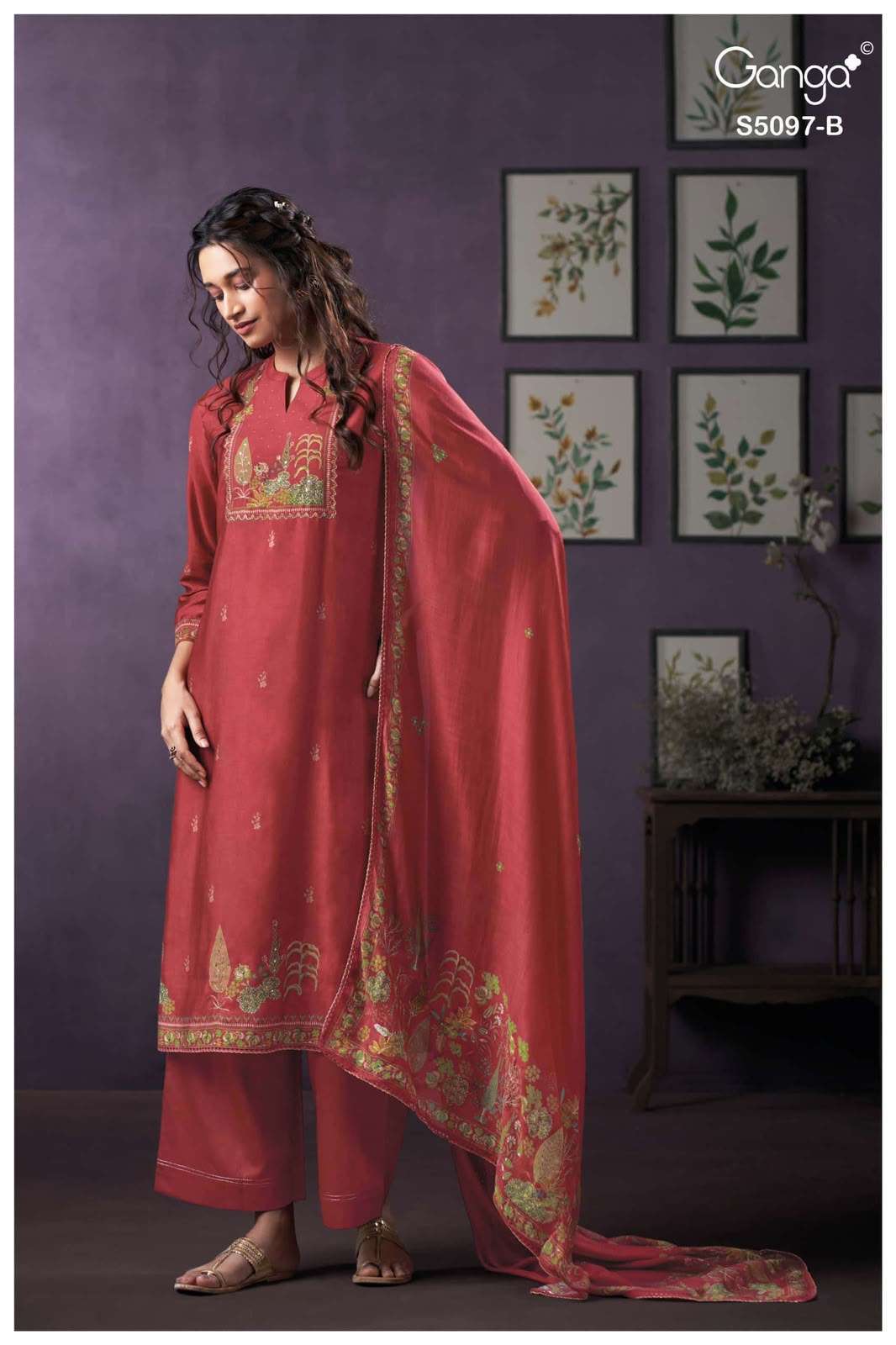 AANCHAL SERIES 5097 BY GANGA DESIGNER HAND WORK AND HAND EMBROIDERY WORK BEMBERG SILK SUITS ARE AVAILABLE AT WHOLESALE PRICE