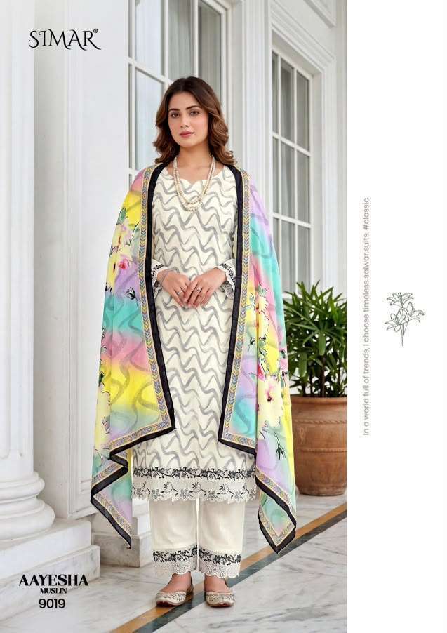 AAYESHA SERIES 9018 TO 9023 BY SIMAR DESIGNER DIGITAL PRINTED AND EMBROIDERY WORK VISCOSE MUSLIN SUITS ARE AVAILABLE AT WHOLESALE PRICE