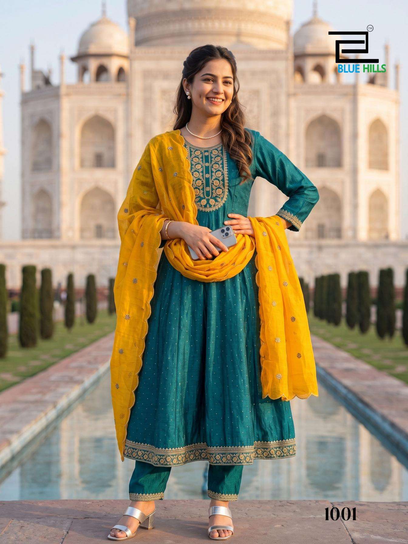 AFREEN SERIES 1001 TO 1004 BY BLUE HILLS DESIGNER THREAD AND EMBROIDERY SEQUENCE WORK VICHITRA SILK ANARKALI KURTI WITH BOTTOM AND DUPATTA ARE AVAILABLE AT WHOLESALE PRICE