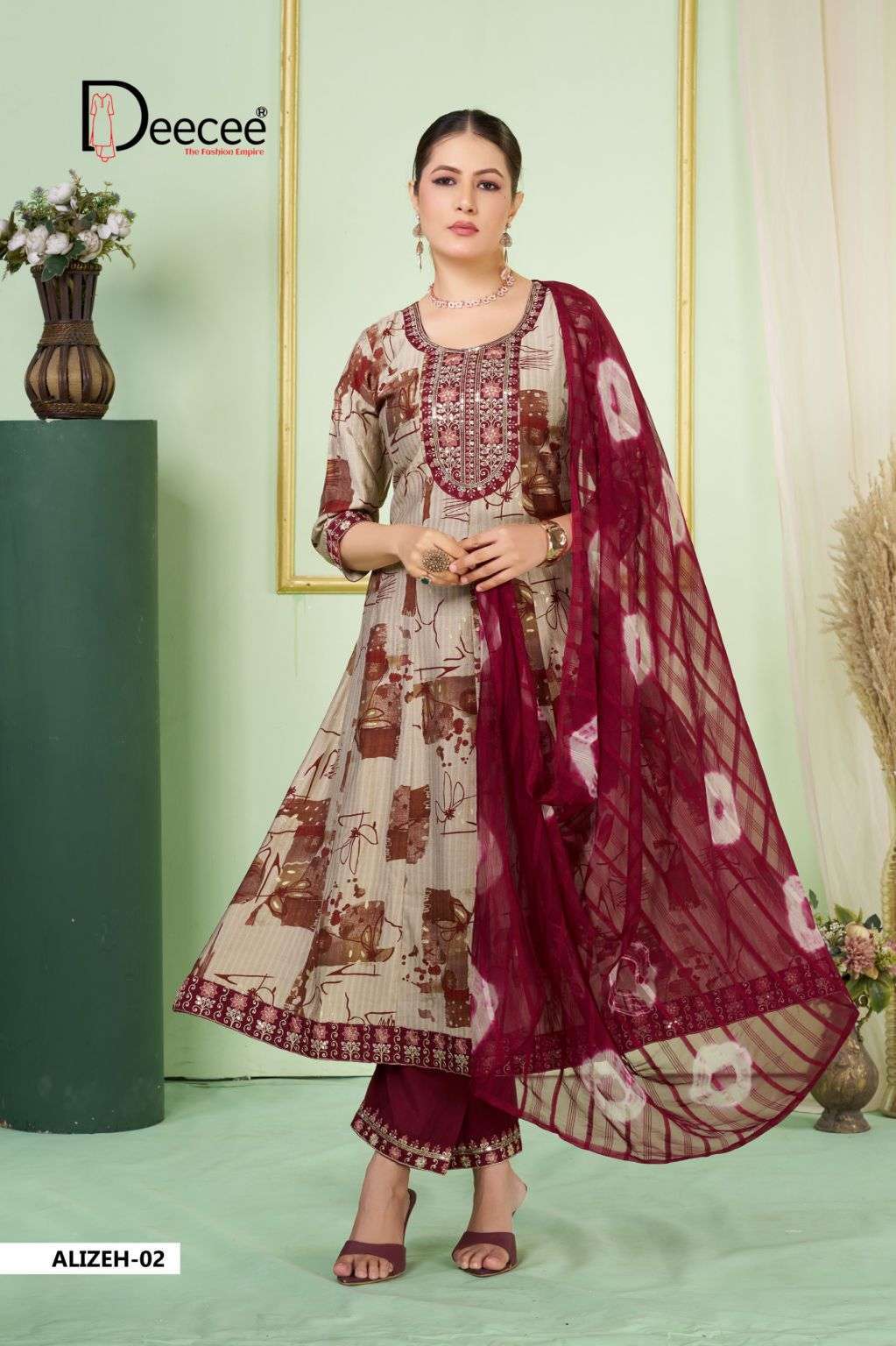 ALIZEH SERIES 101 TO 106 BY DEE CEE DESIGNER PRINTED AND EMBROIDERY WORK KALI STYLE TOP WITH BOTTOM AND DUPATTA ARE AVAILABLE AT WHOLESALE PRICE