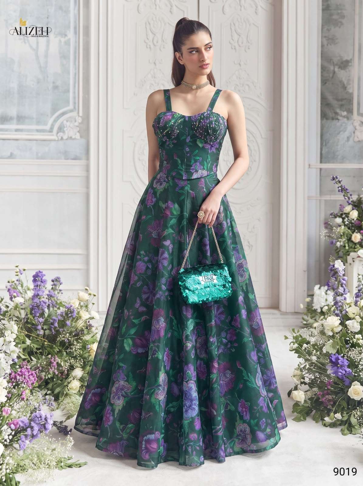 ALIZEH SERIES 9019 TO 9022 DESIGNER PRINTED AND WORK READYMADE TABBY ORGANZA LEHENGA ARE AVAILABLE AT WHOLESALE PRICE