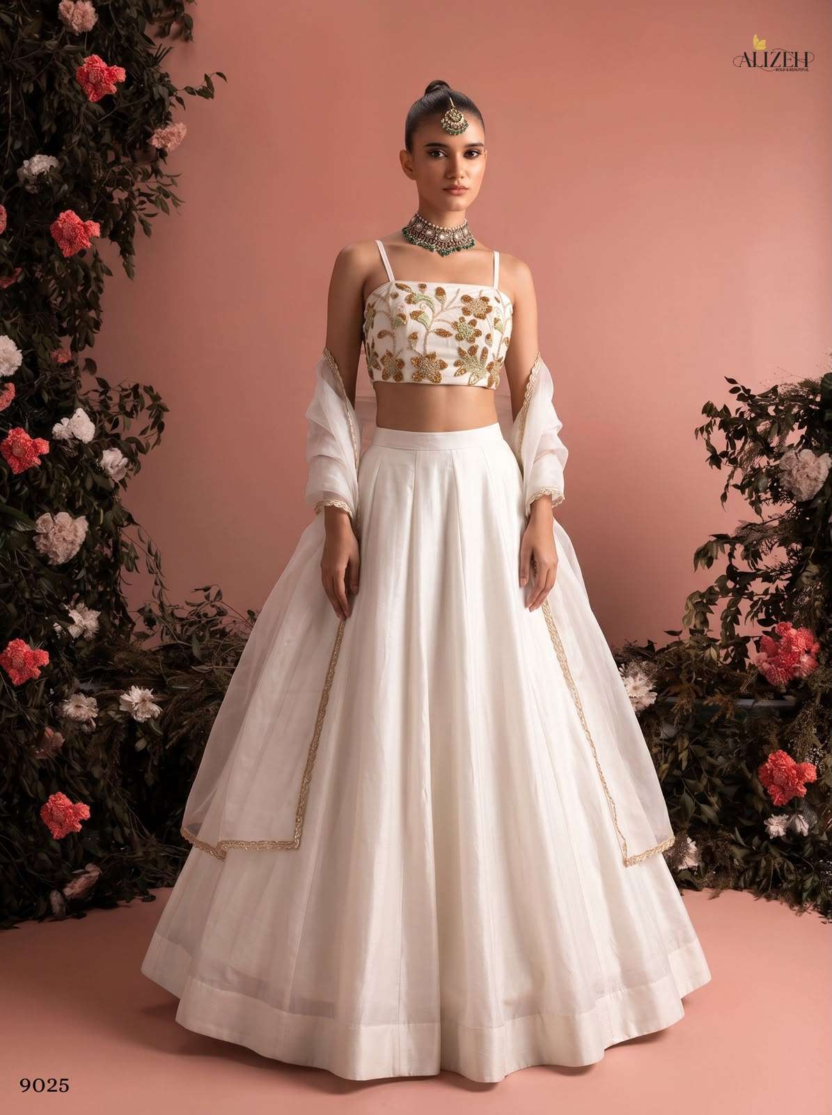 ALIZEH SERIES 9025 TO 9026 DESIGNER BEADS WORK ROMAN SILK LEHENGA AND NET BLOUSE ARE AVAILABLE AT WHOLESALE PRICE 