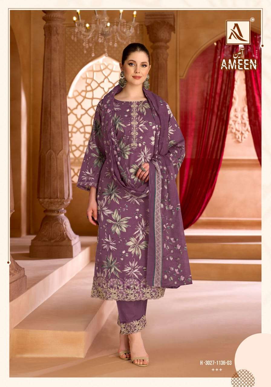 AMEEN SERIES 3027 BY ALOK SUITS DESIGNER FOIL PRINT AND EMBROIDERY WORK ZAM COTTON SUITS ARE AVAILABLE AT WHOLESALE PRICE 