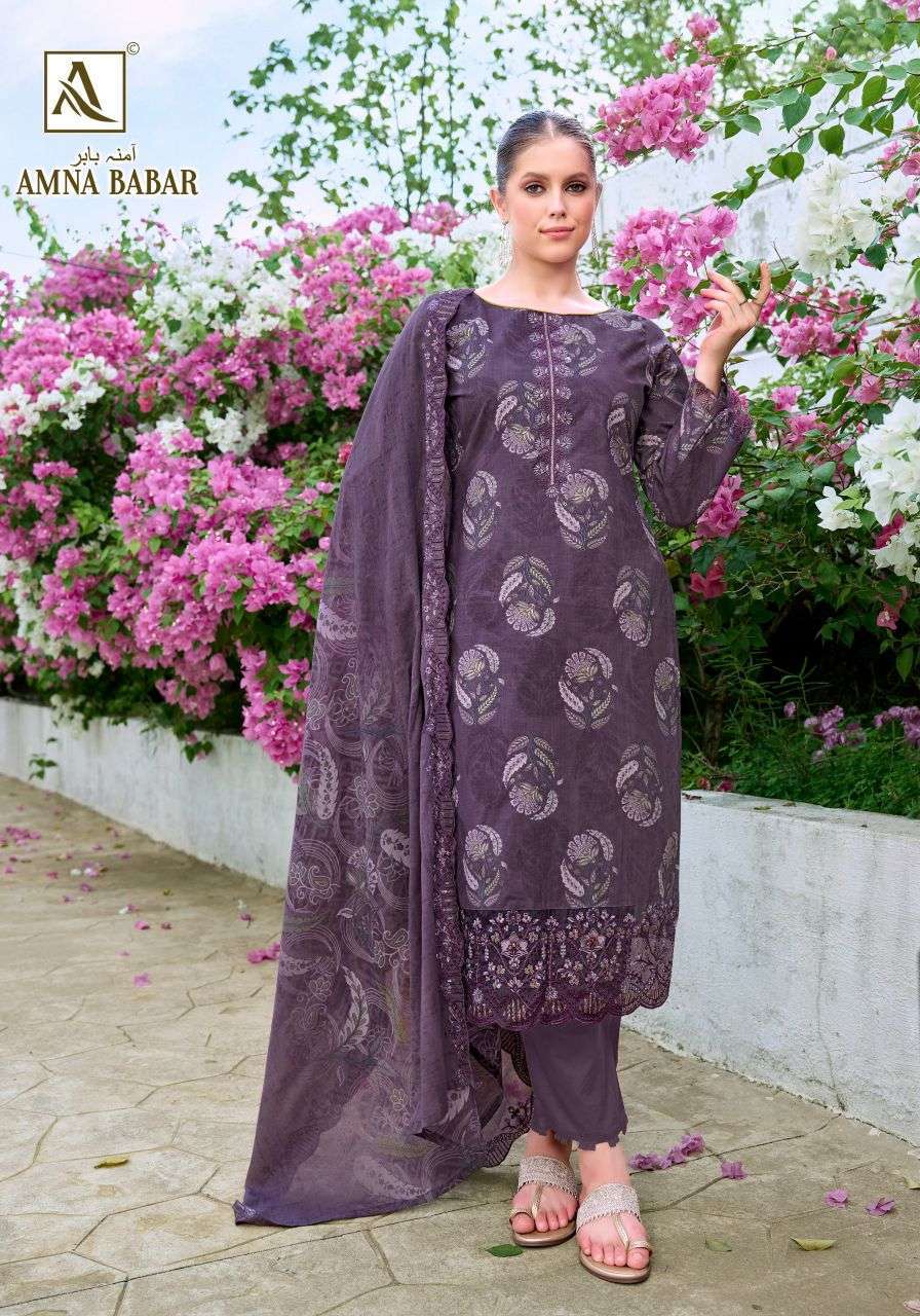 AMNA BABAR SERIES 1162 BY ALOK SUITS DESIGNER FOIL PRINTED AND EMBROIDERY WORK CAMBRIC COTTON SUITS ARE AVAILABLE AT WHOLESALE PRICE