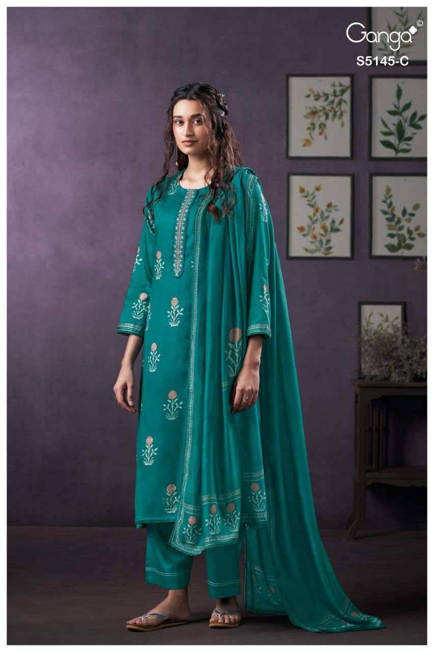 ANASTA SERIES 5145 BY GANGA DESIGNER PRINTED WITH HAND WORK AND HAND EMBROIDERY COTTON SATIN SUITS ARE AVAILABLE AT WHOLESALE PRICE