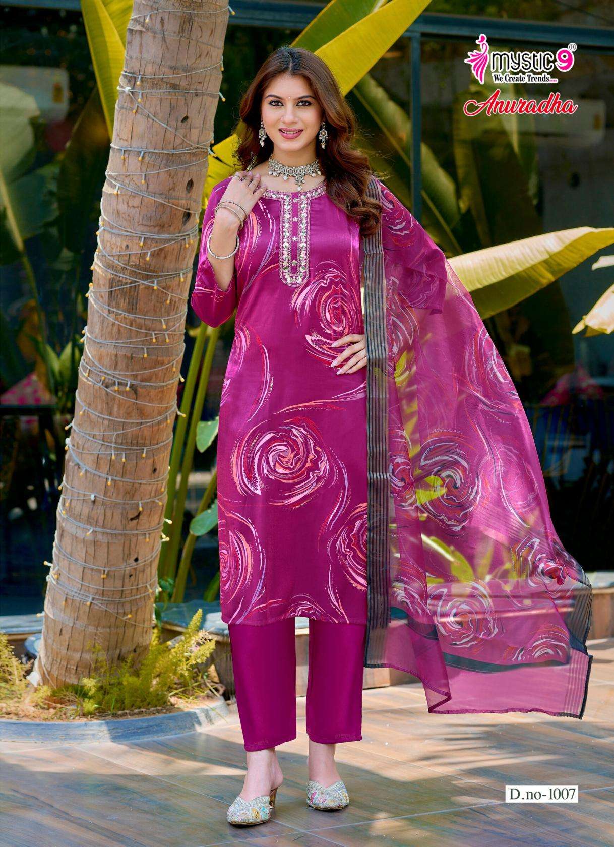 ANURADHA VOL-1 SERIES 1001 TO 1008 BY MYSTIC 9 DESIGNER DISCHARGE PRINT AND EMBROIDERY WORK ROMAN GLASS TOP WITH BOTTOM AND DUPATTA ARE AVAILABLE AT WHOLESALE PRICE