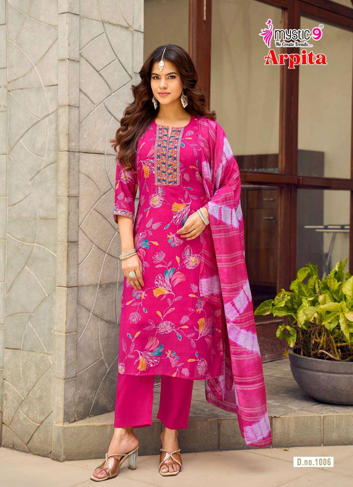 ARPITA VOL-1 SERIES 1001 TO 1008 BY MYSTIC 9 DESIGNER FOIL PRINTED AND EMBROIDERY WORK CHANDERI TOP WITH BOTTOM AND DUPATTA ARE AVAILABLE AT WHOLESALE PRICE