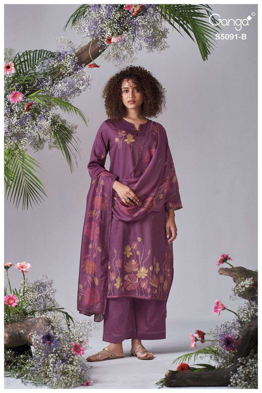 BAERIN SERIES 5091 BY GANGA DESIGNER PRINTED WITH HAND WORK AND HAND EMBROIDERY WORK COTTON SATIN SUITS ARE AVAILABLE AT WHOLESALE PRICE