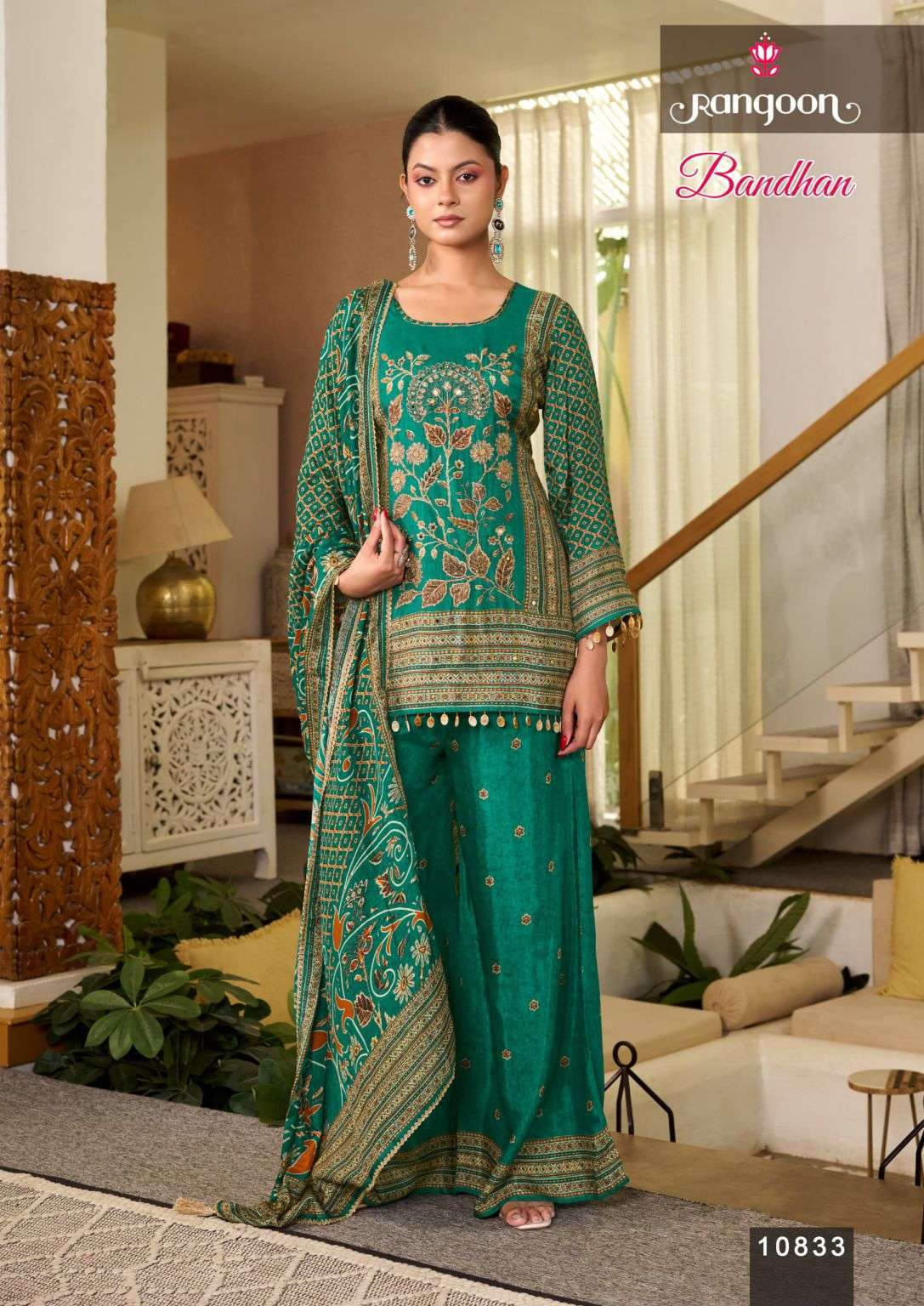 BANDHAN SERIES 10831 TO 10834 BY RANGOON DESIGNER PRINTED AND AARI WORK MUSLIN TOP WITH PLAZZO AND DUPATTA ARE AVAILABLE AT WHOLESALE PRICE