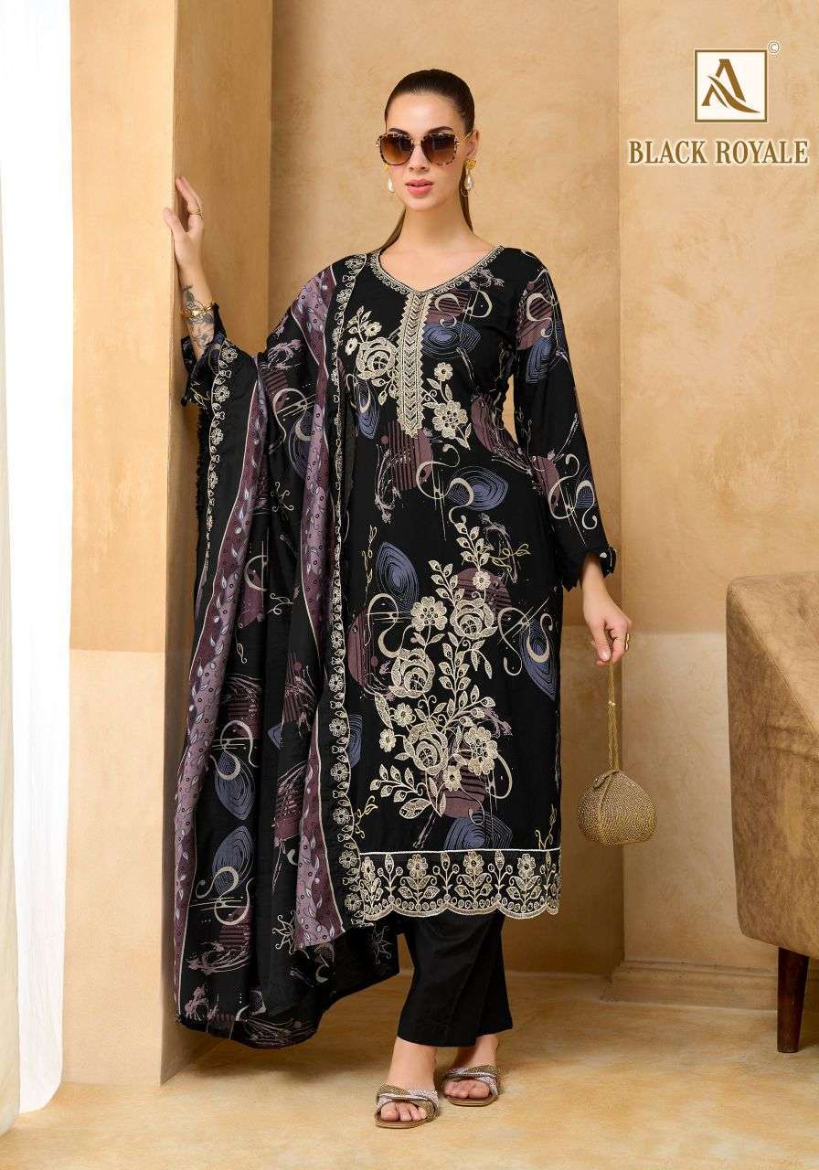 BLACK ROYALE SERIES 3089 BY ALOK SUITS DESIGNER DISCHARGE FOILO RPINT AND EMBROIDERY WORK VISCOSE RAYON SUITS ARE AVAILABLE AT WHOLESALE PRICE