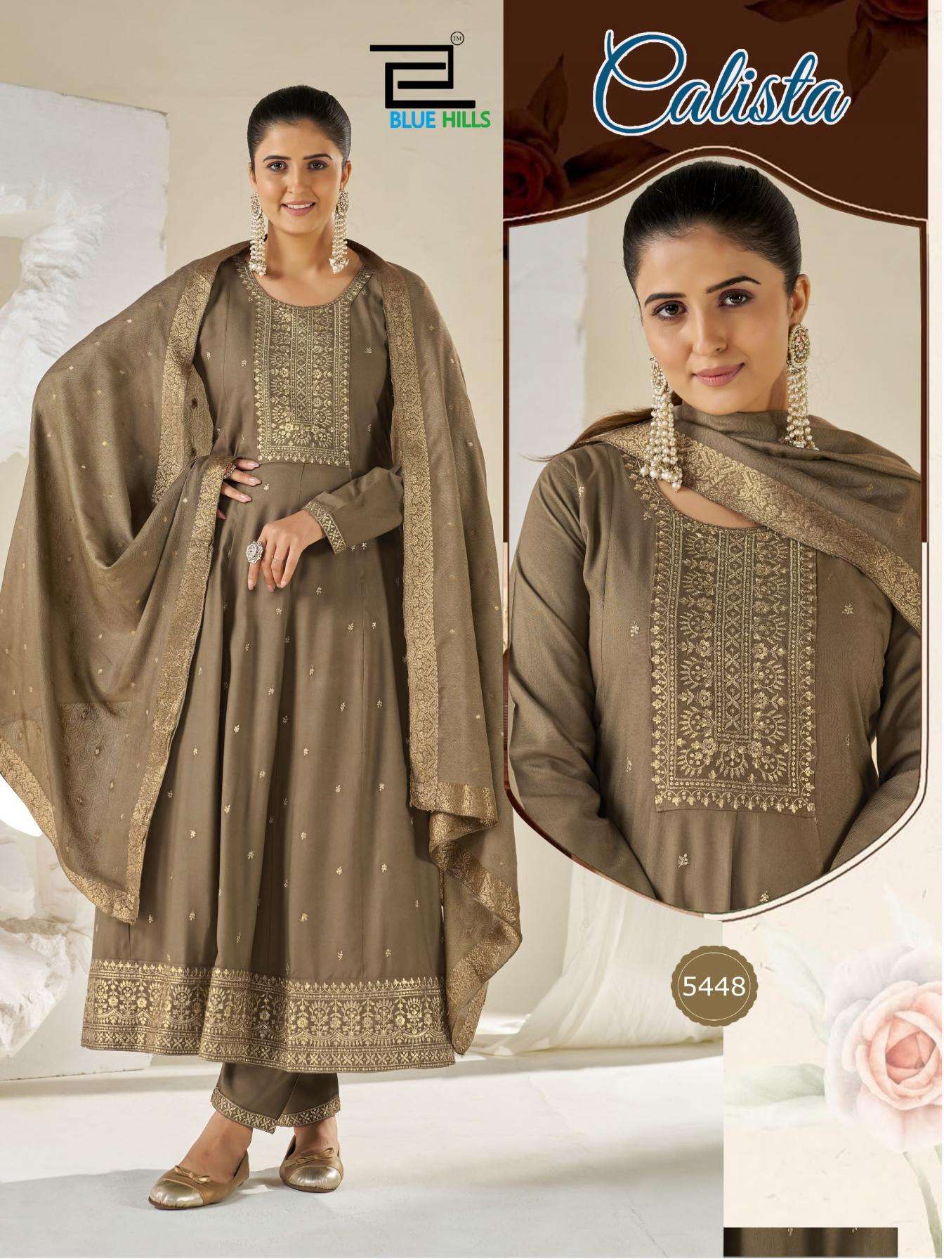 CALISTA SERIES 5447 TO 5452 BY BLUE HILLS DESIGNER ZARI AND SEQUENCE WORK RAYON KURTI WITH BOTTOM AND DUPATTA ARE AVAILABLE AT WHOLESALE PRICE