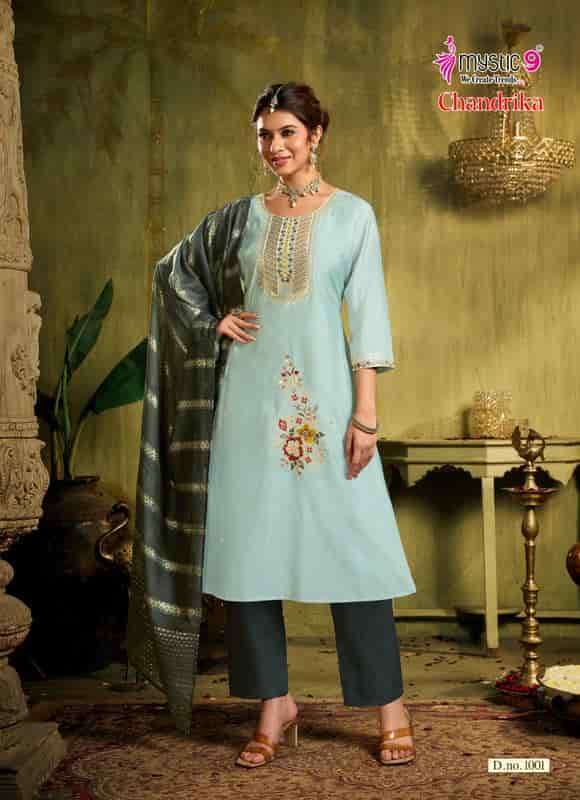 CHANDRIKA VOL-1 SERIES 1001 TO 1008 BY MYSTIC 9 DESIGNER EMBROIDERY WORK ROMAN SILK TOP WITH BOTTOM AND DUPATTA ARE AVAILABLE AT WHOLESALE PRICE 