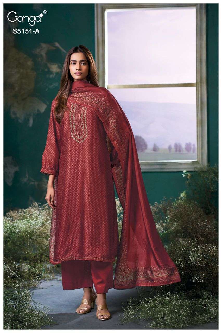 CHERIKA SERIES 5151 BY GANGA DESIGNER PRINTED WITH EMBROIDERY WORK BEMBERG RUSSIAN SILK SUITS ARE AVAILABLE AT WHOLESALE PRICE