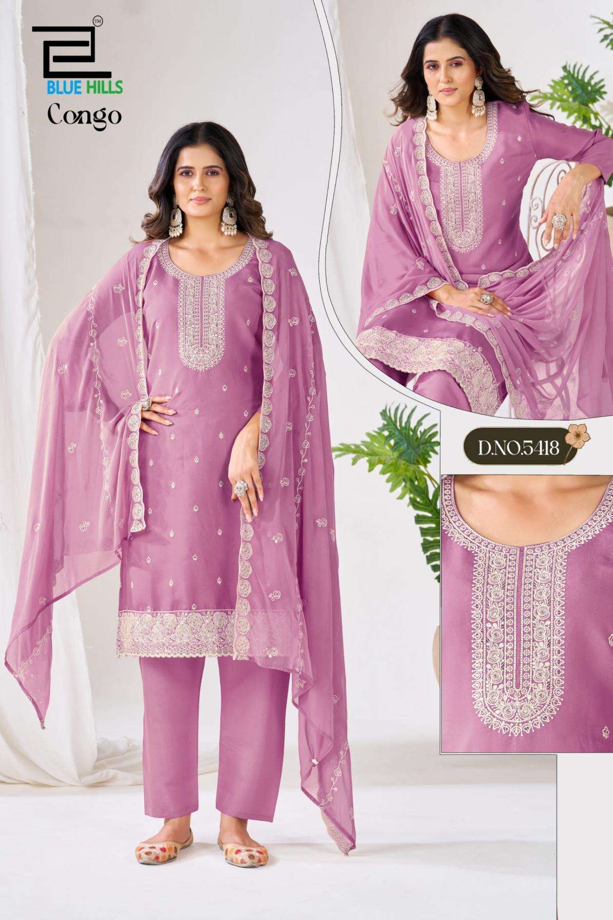 CONGO SERIES 5415 TO 5418 BY BLUE HILLS DESIGNER THREAD AND SEQUENCE WORK ROMAN SILK TOP WITH BOTTOM AND DUPATTA ARE AVAILABLE AT WHOLESALE PRICE 