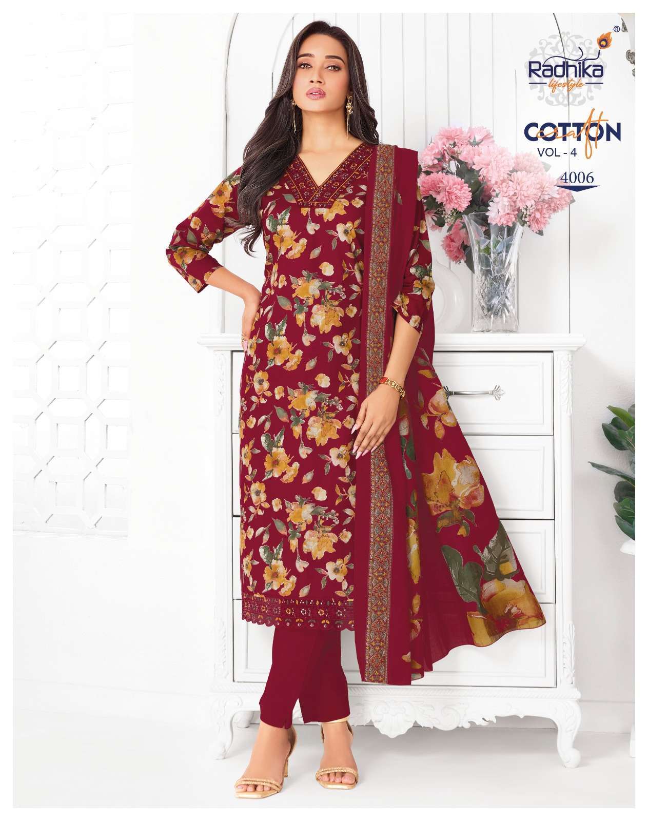 COTTON CRAFT VOL-4 SERIES 4001 TO 4008 BY RADHIKA LIFESTYLE DESIGNER PRINTED COTTON KURTI WITH PANT AND DUPATTA ARE AVAILABLE AT WHOLESALE PRICE