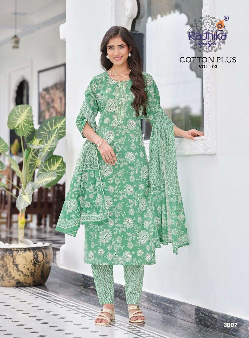 COTTON PLUS VOL-3 SERIES 3001 TO 3008 BY RADHIKA LIFESTYLE DESIGNER PRINTED COTTON TOP WITH BOTTOM AND DUPATTA ARE AVAILABLE AT WHOLESALE PRICE